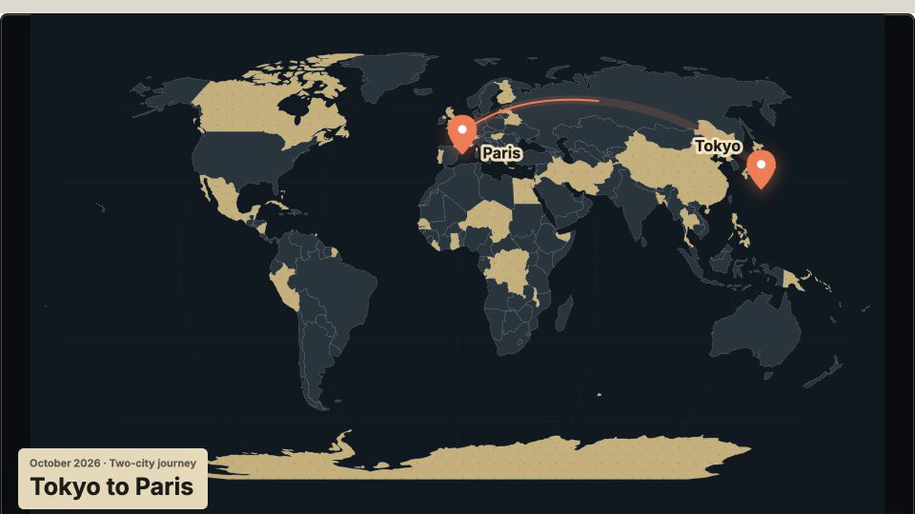 A Tokyo-to-Paris travel route exported video frame
